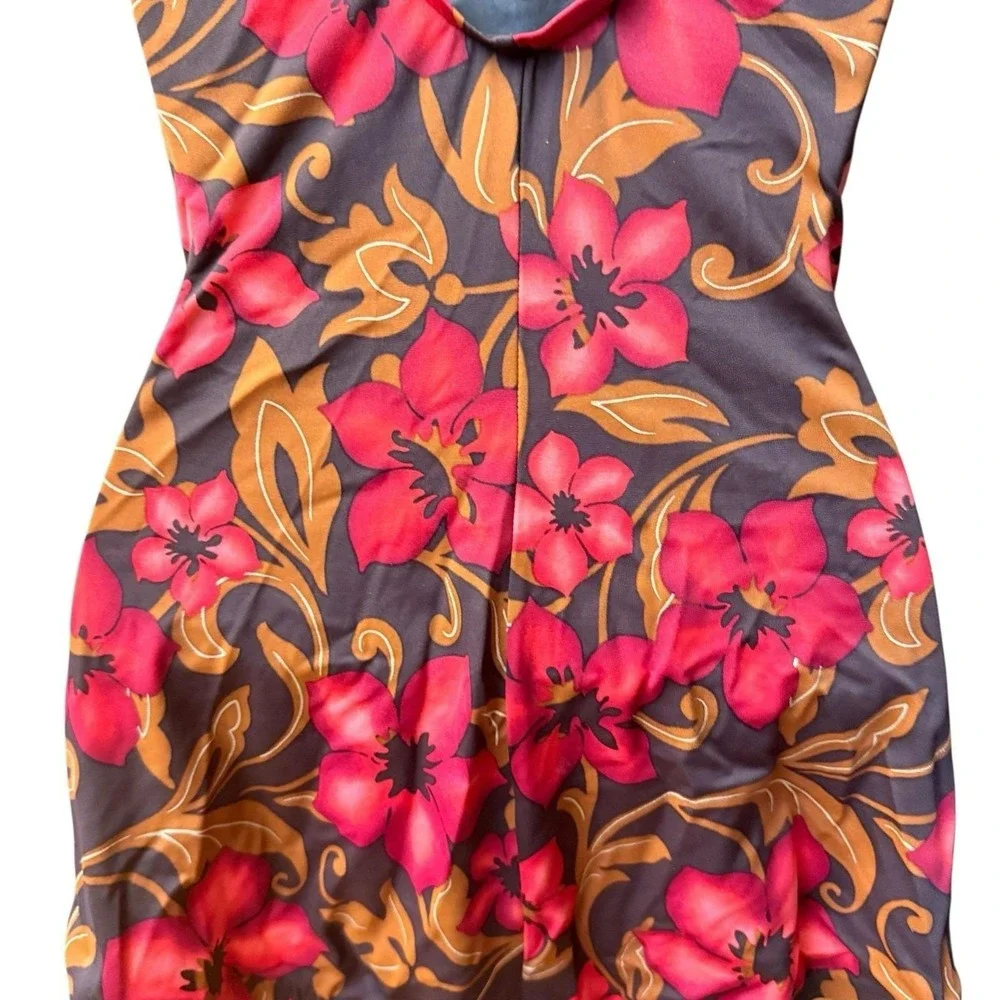 Vintage Maxine Swimsuit Size 12‎ One Piece Hawaiian Floral Brown Red Ruched